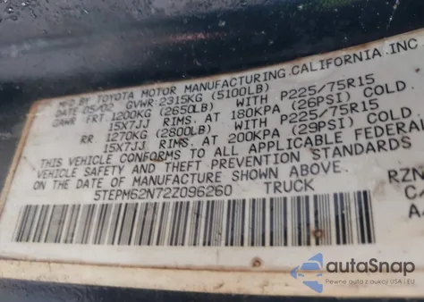 2002 Toyota Tacoma z USA, uszkodzony, nr VIN 5TEPM62N72Z096260